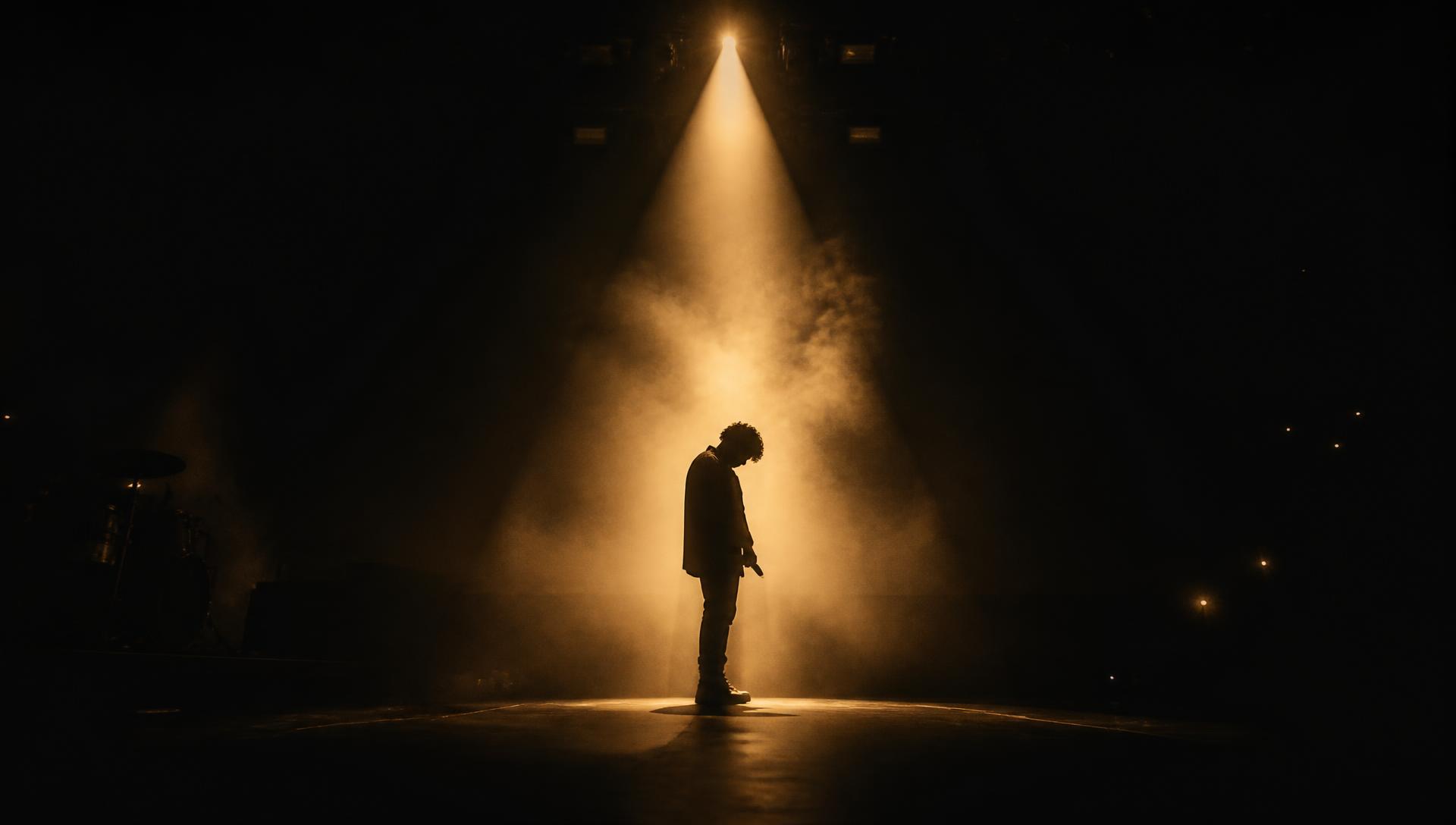 Performer under a single spotlight on a dark stage
